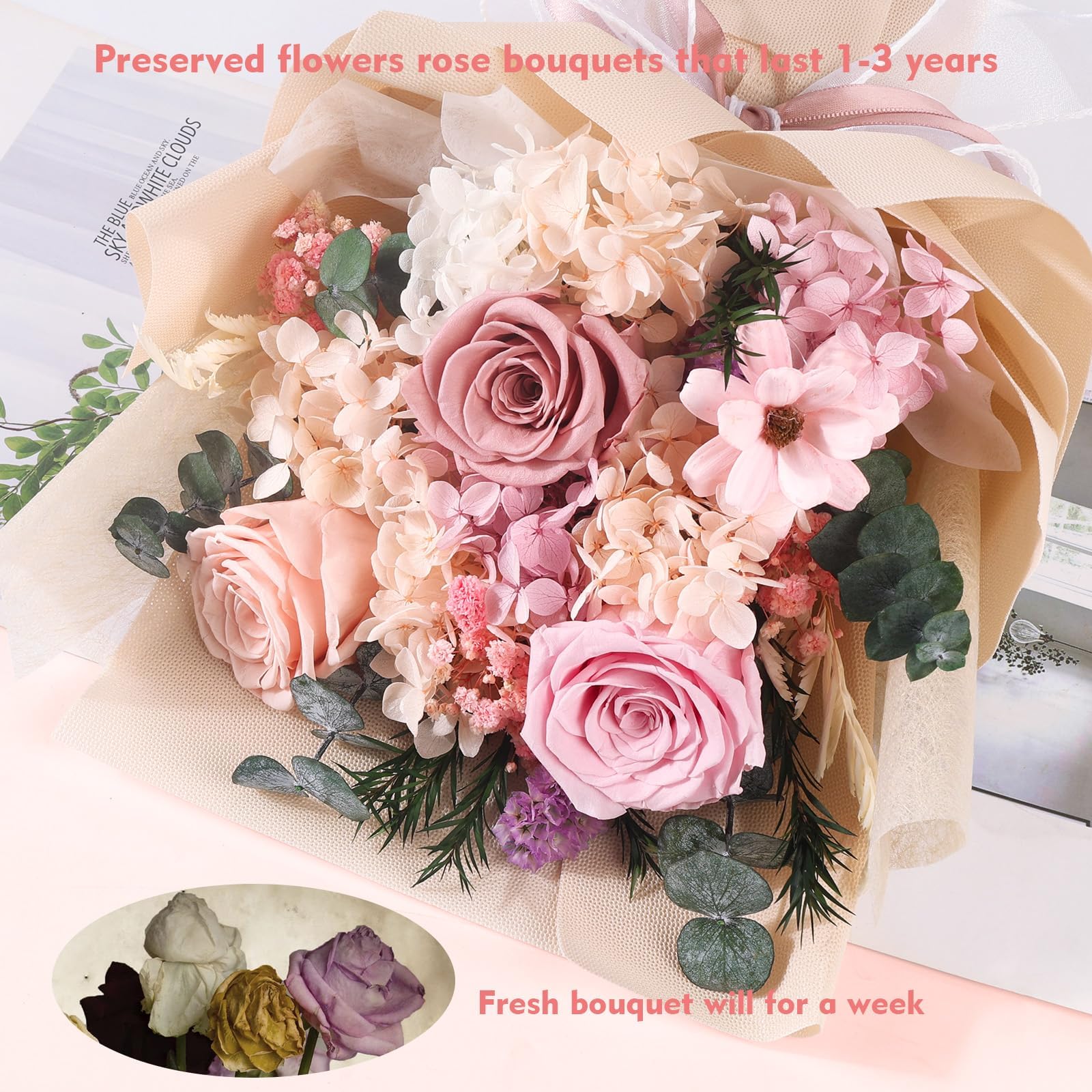 TYL&TYS pink preserved roses closeup highlights natural color and texture