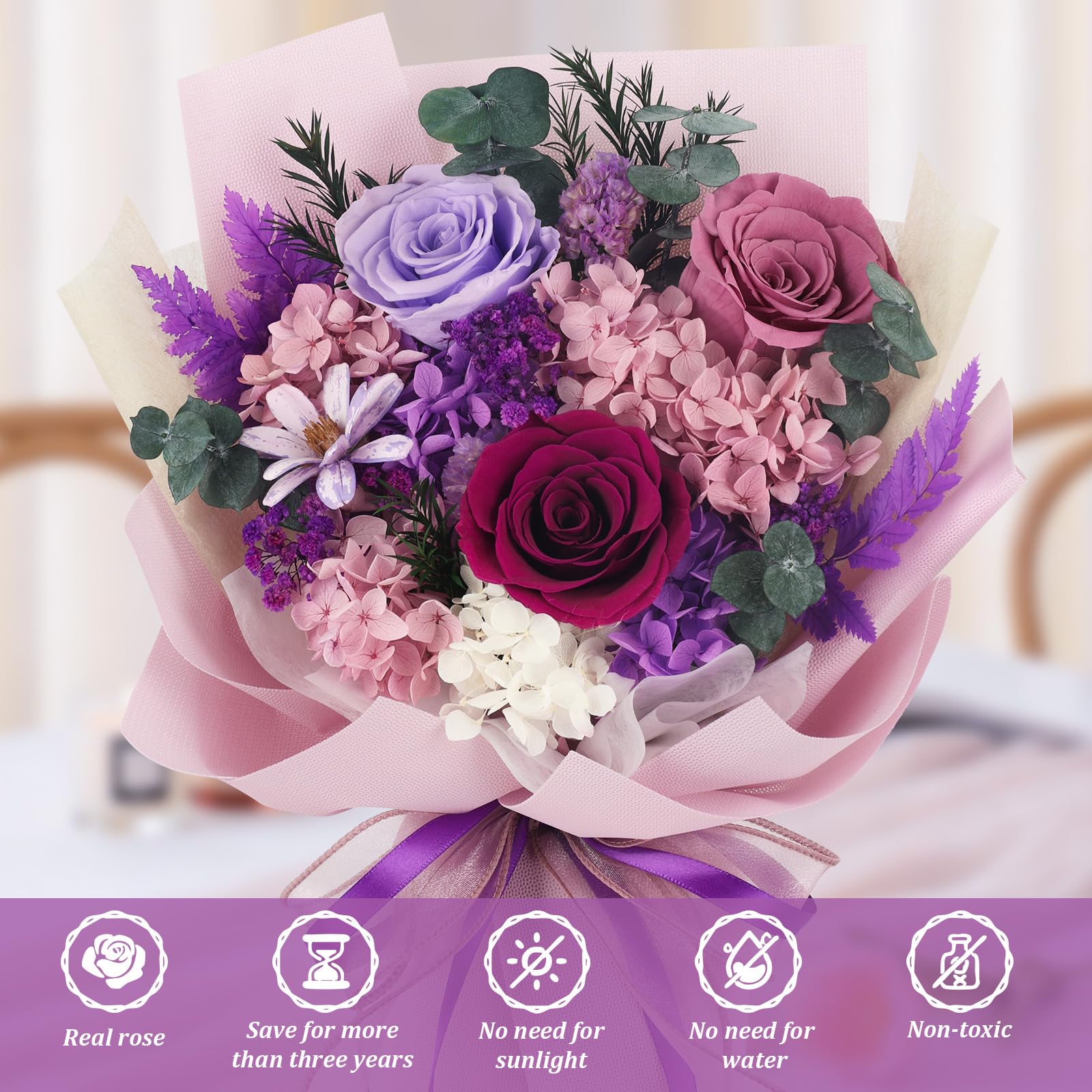 TYL&TYS bouquet in living room setting showing timeless charm.