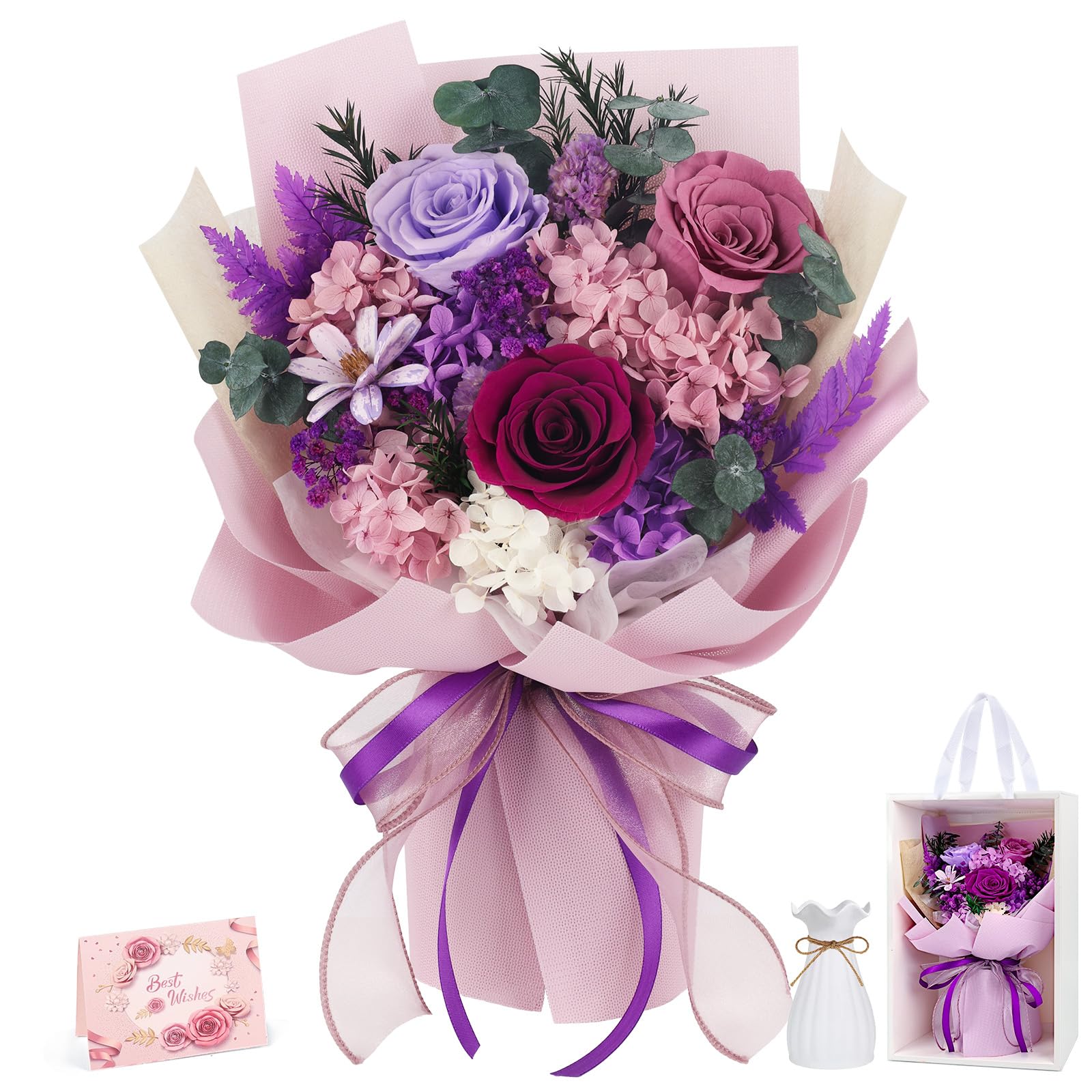 TYL&TYS Forever Rose bouquet with three preserved roses and fern leaves for lasting beauty.