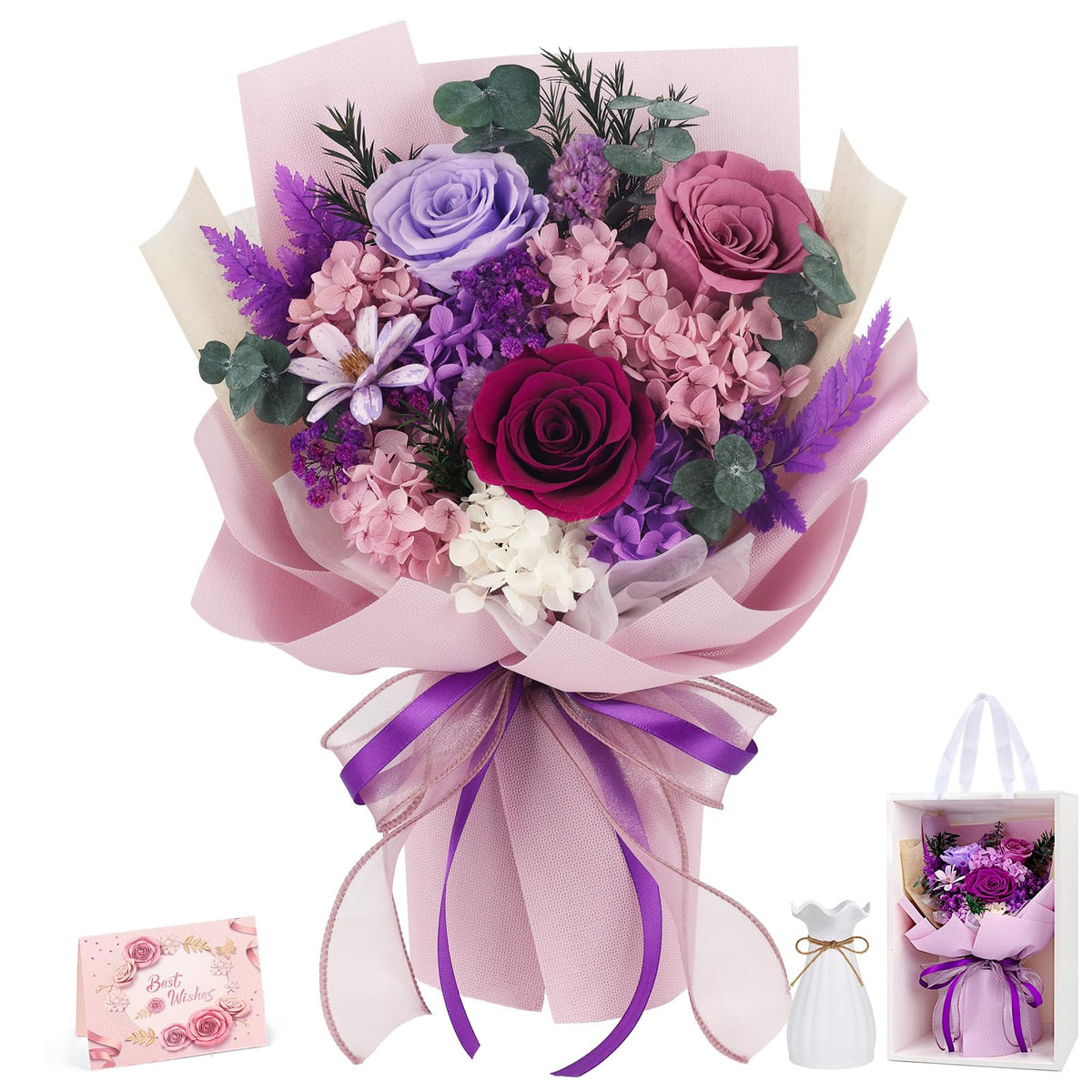 TYL&TYS Forever Rose bouquet with three preserved roses and fern leaves for lasting beauty.