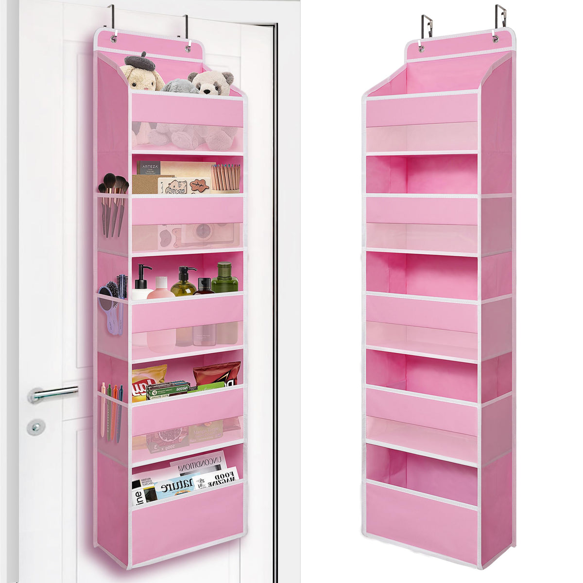 TYMENSH over door organizer pink front view with clear pockets for quick visibility.