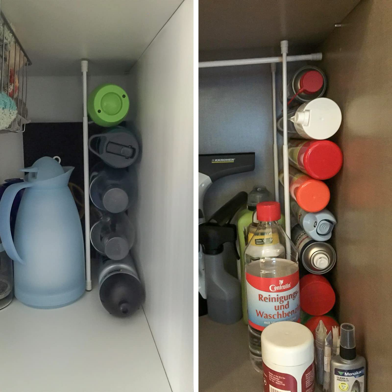 TYRON multi-use rod serves as cabinet divider or book holder.