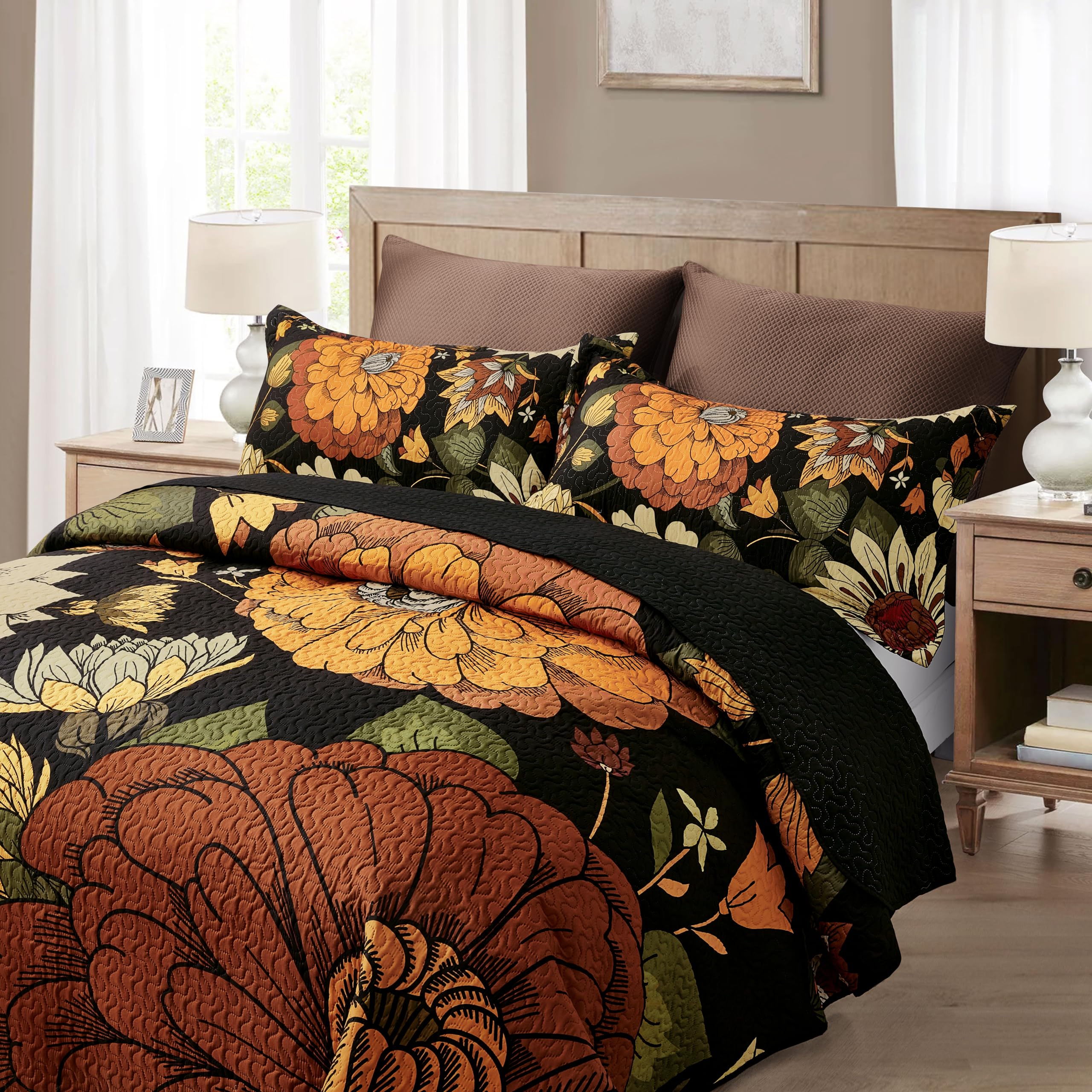 Tyrot quilt with black backdrop and floral pattern enhances bedroom aesthetics and style