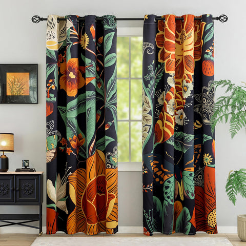 Tyrot blackout curtains with boho floral pattern, 52x84, block daylight.