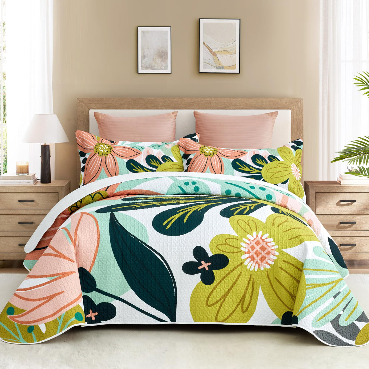 Tyrot boho floral king quilt set on bed showcases vibrant print and cozy comfort.