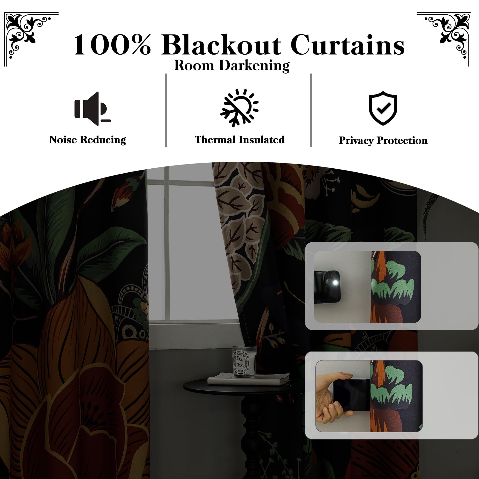 Tyrot grommet-hung blackout curtains enable easy installation and neat drape.