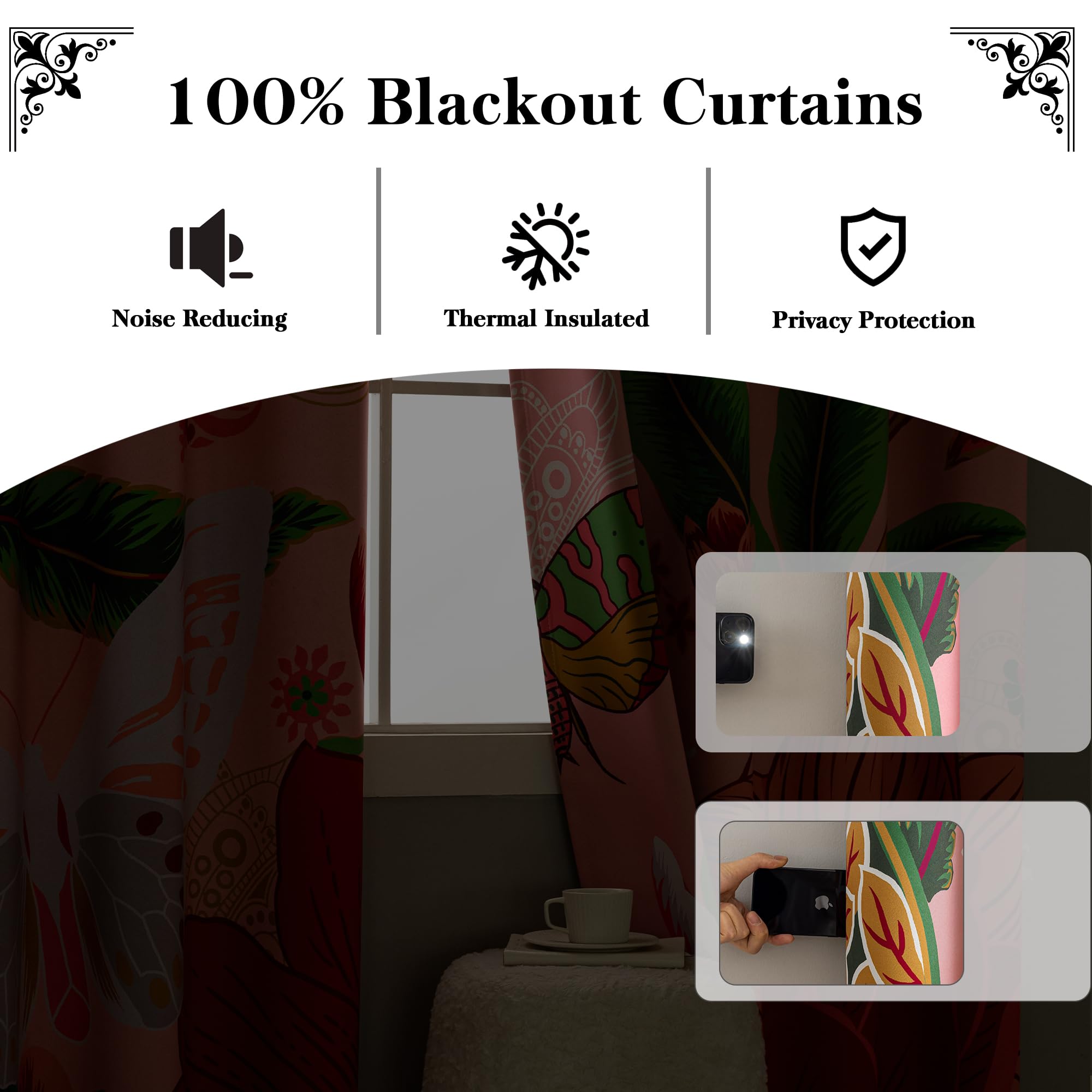 Tyrot blackout curtains arranged in a living room setup for dimmed ambience.