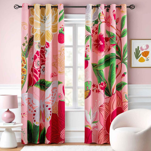 Tyrot pink boho floral blackout curtains with two panels for bedroom light control.