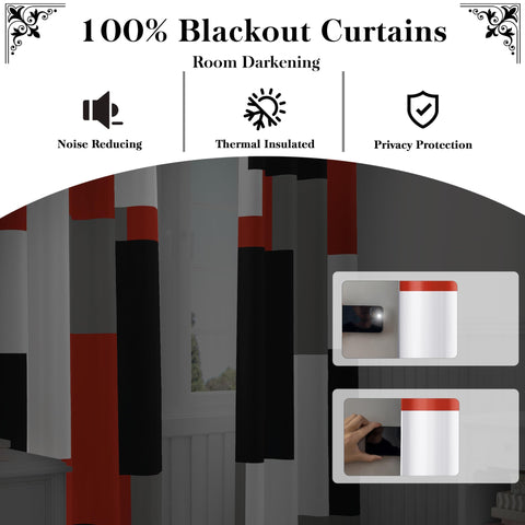 Tyrot red blackout curtains living room setup demonstrating modern geometric mood and comfort.
