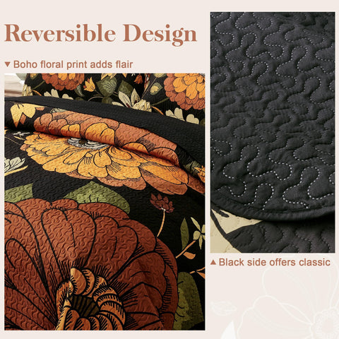 Tyrot reversible quilt shows floral pattern on one side and black on the other.