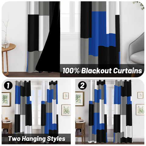 Tyrot Royal Blue geometric-pattern curtains enhance living room ambiance.