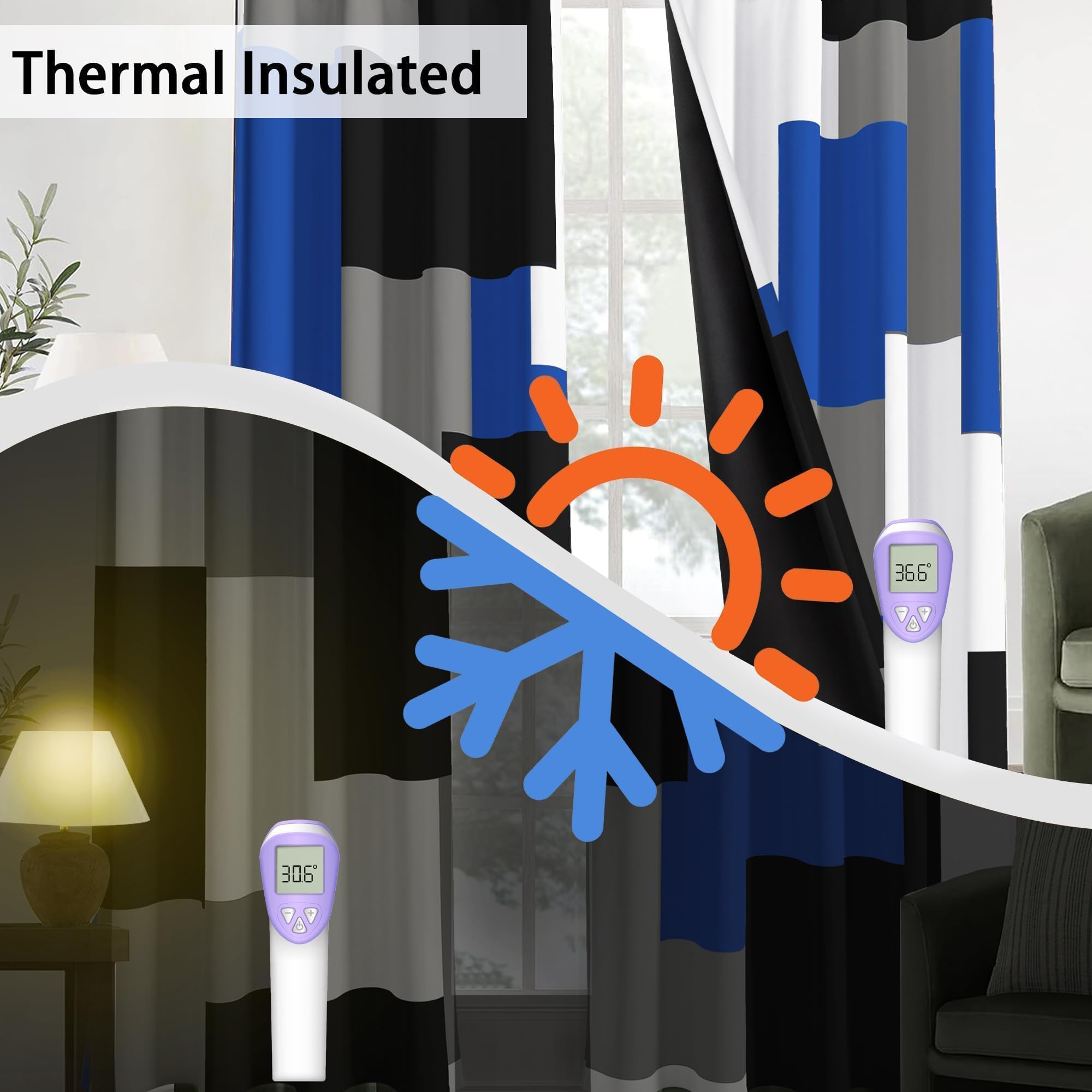 Tyrot Royal Blue thermal insulated curtains balance indoor temperatures.