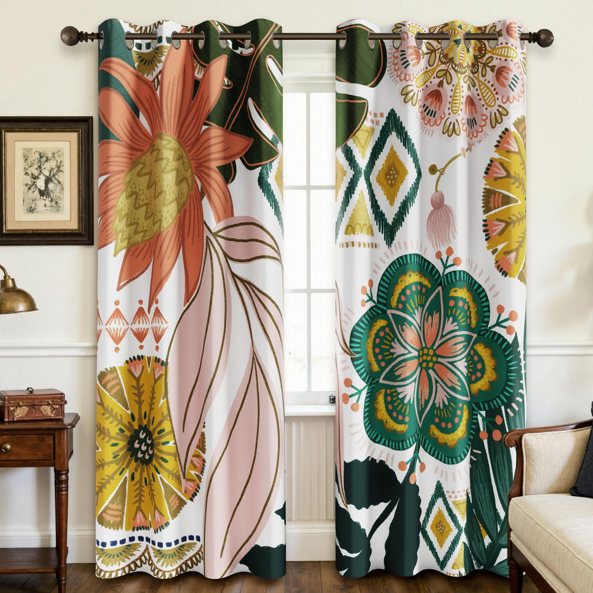 Tyrot white boho floral curtain panel closeup showing blackout fabric
