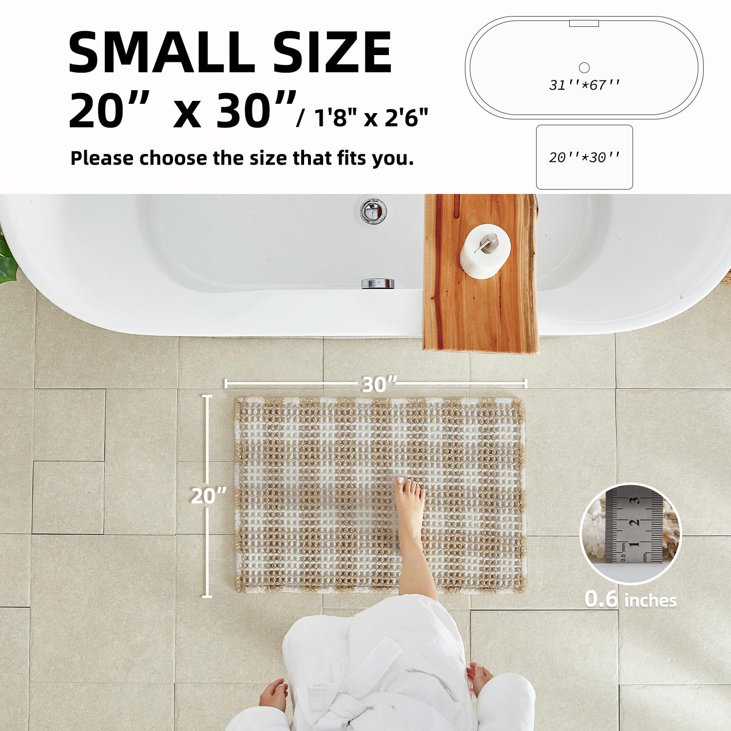 TYUU absorbent quick-dry bath mat highlights khaki and white checkered look.