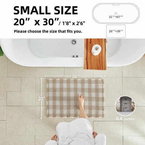 TYUU absorbent quick-dry bath mat highlights khaki and white checkered look.