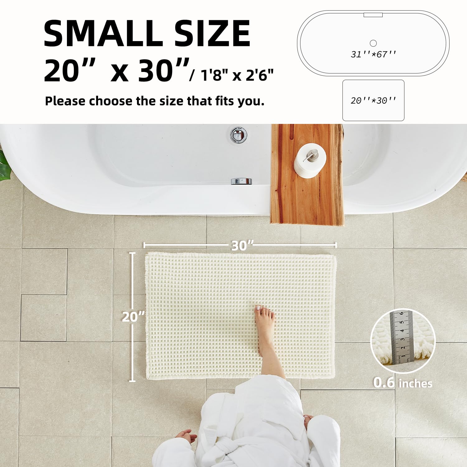 TYUU cream white bath mat showing non-slip backing preventing slips on smooth floors