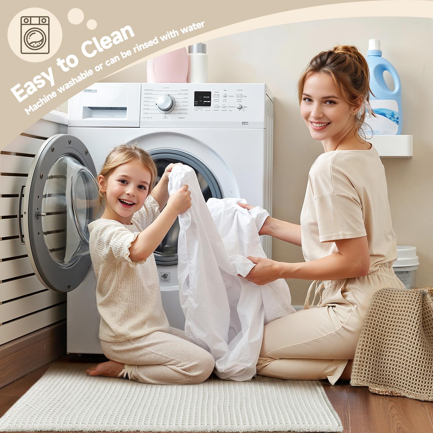 TYUU cream white bathroom mat demonstrates high absorbency for damp floors