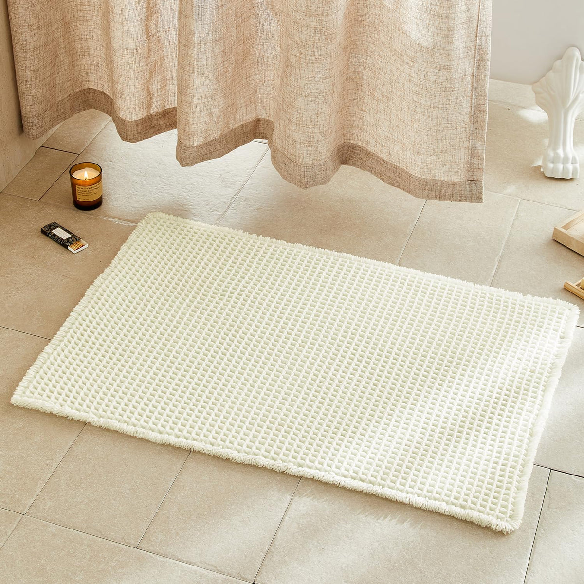 TYUU cream white waffle rug shows cozy texture for spa-like bathroom