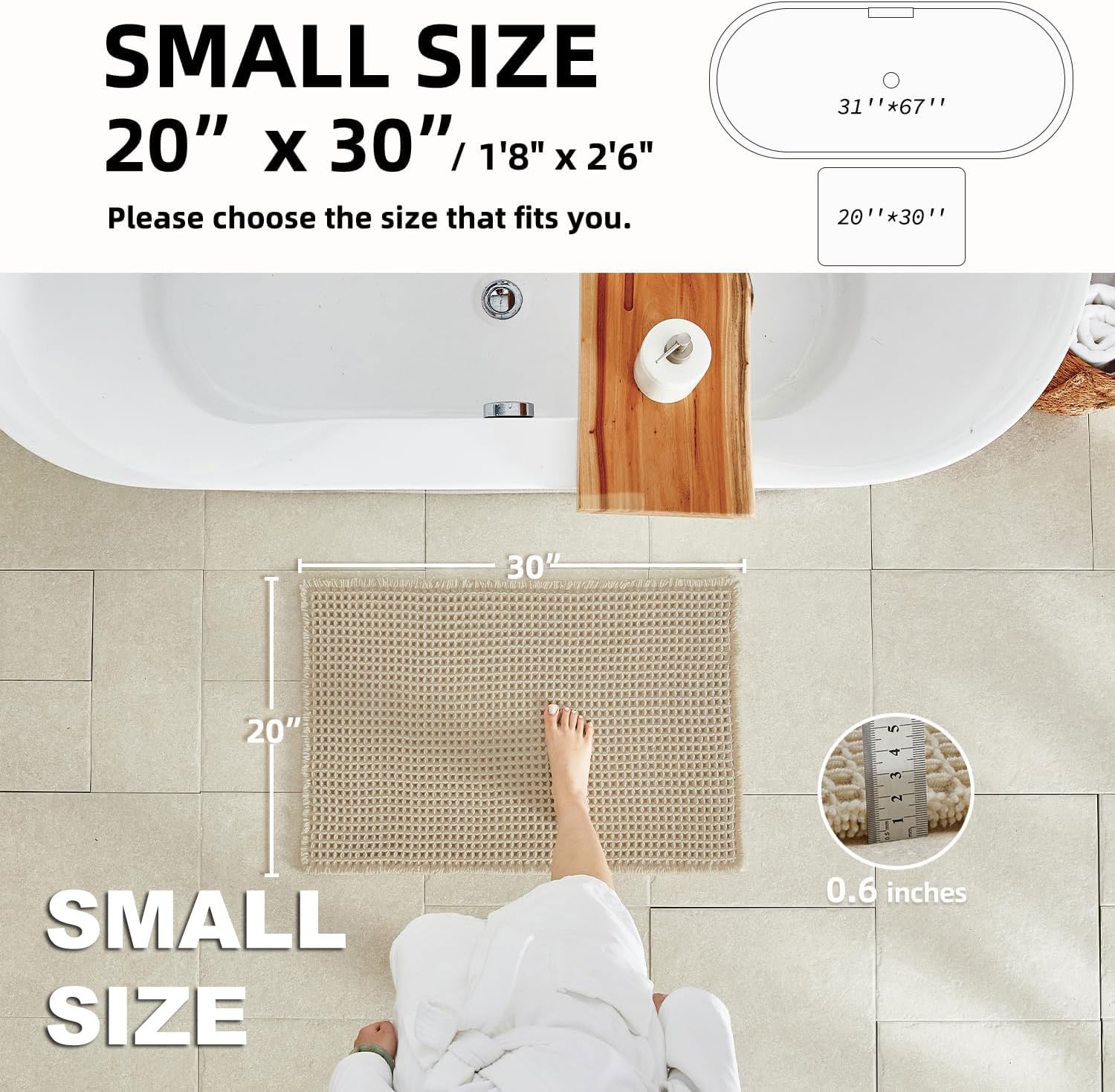 TYUU Pale Beige Waffle Bath Mat with non-slip backing keeps bathroom safer.