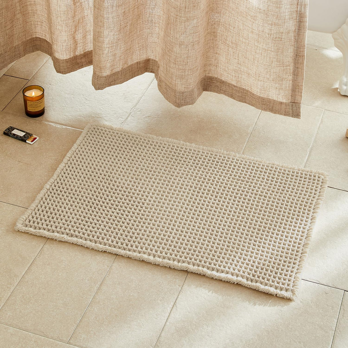 TYUU Pale Beige Waffle Bath Mat with cozy texture for warm feet after showers.
