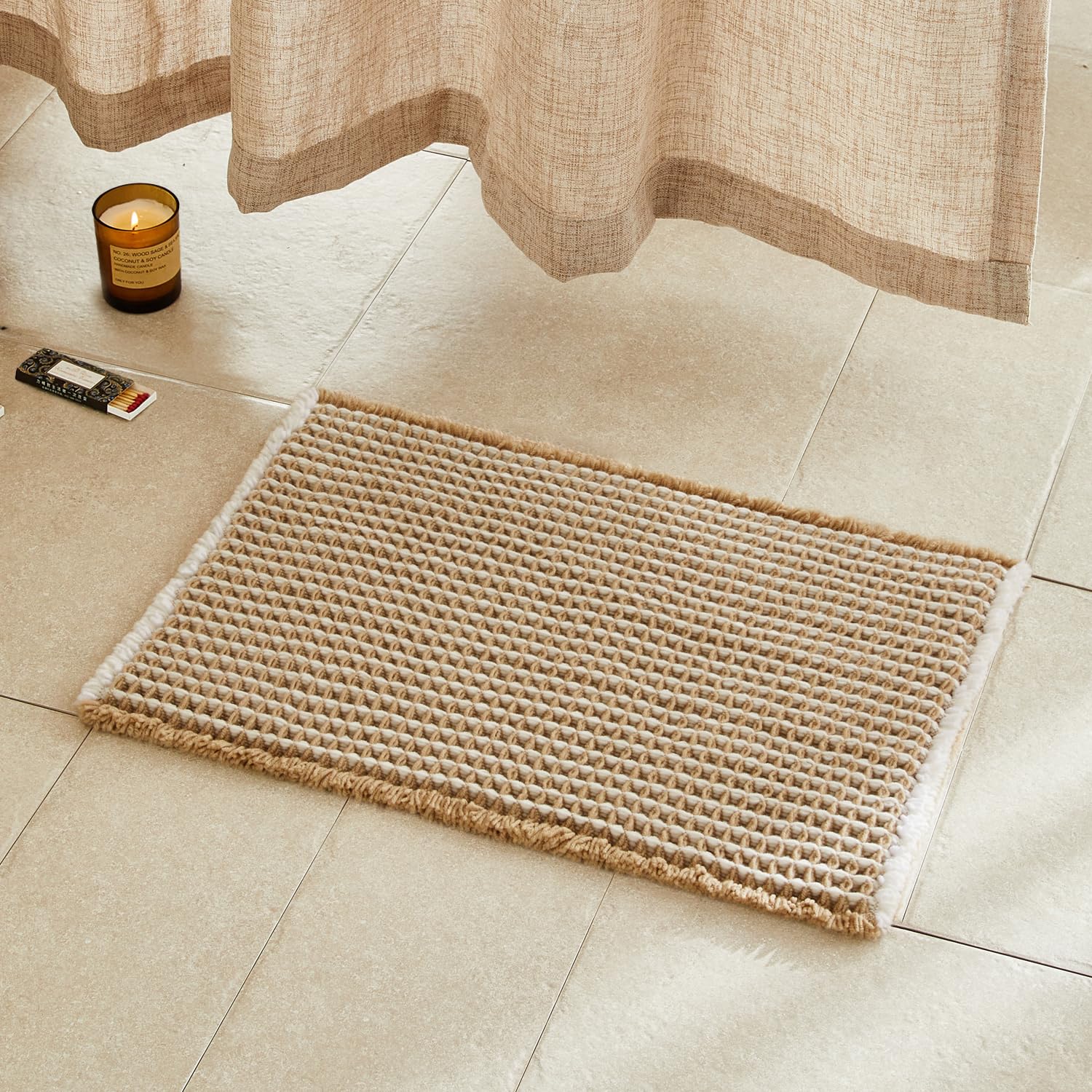 TYUU waffle bath mat in khaki and white offering soft comfort by the sink