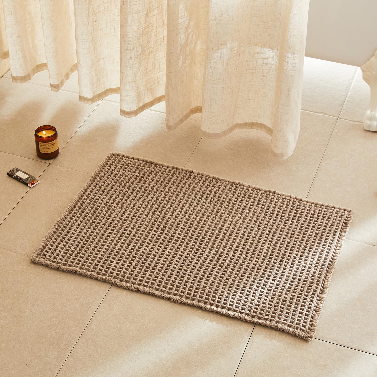 TYUU waffle bath mat in beige with plush texture and 30x20 size for cozy comfort.