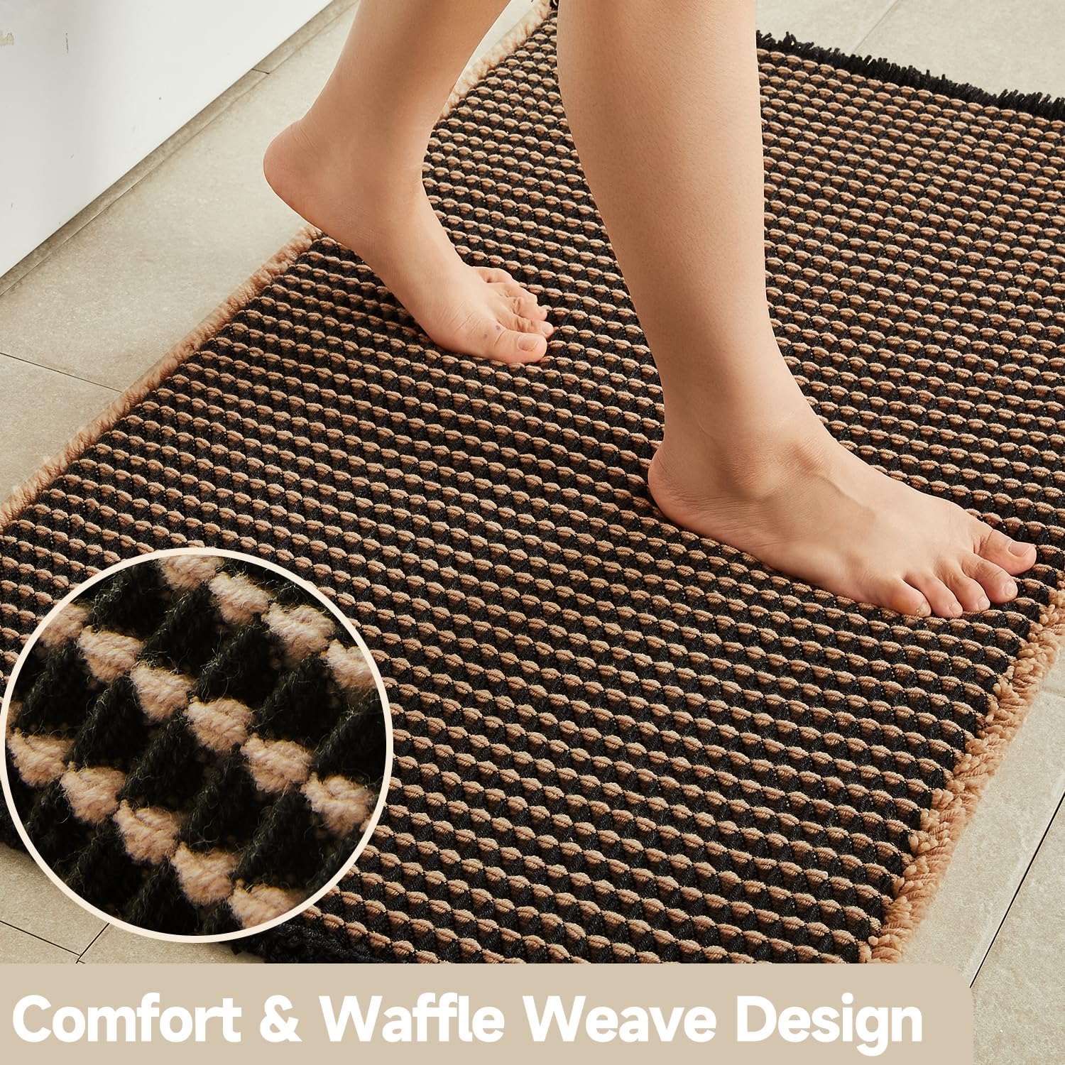 TYUU Waffle Bath Mat black-contrast stitch closeup highlights durable non-slip backing for secure placement.
