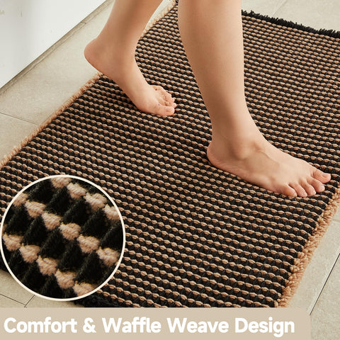 TYUU Waffle Bath Mat black-contrast stitch closeup highlights durable non-slip backing for secure placement.