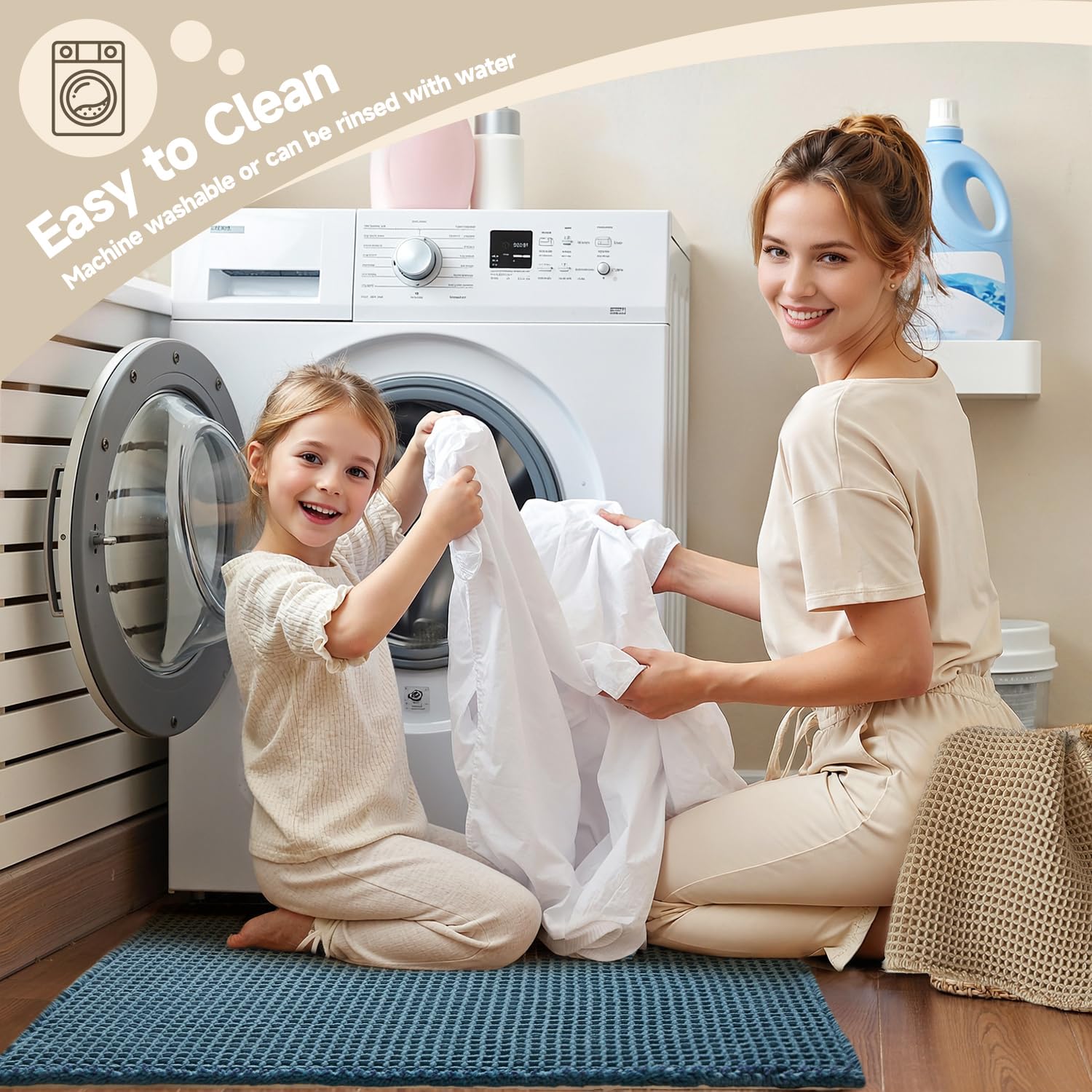 TYUU waffle bath mat denim blue easy-clean design supports hand wash care