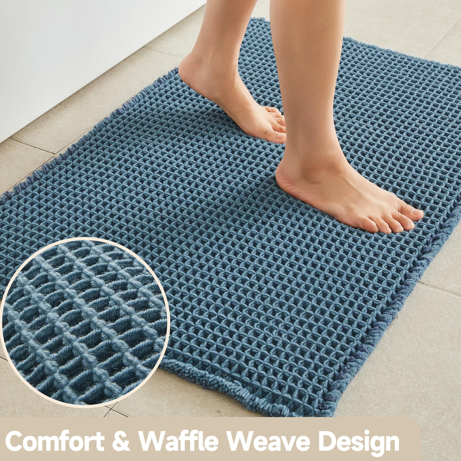 TYUU waffle bath mat denim blue non-slip back detail enhances safety on smooth floors