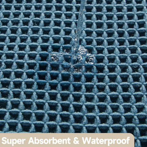 TYUU waffle bath mat denim blue non-slip backing keeps rug in place