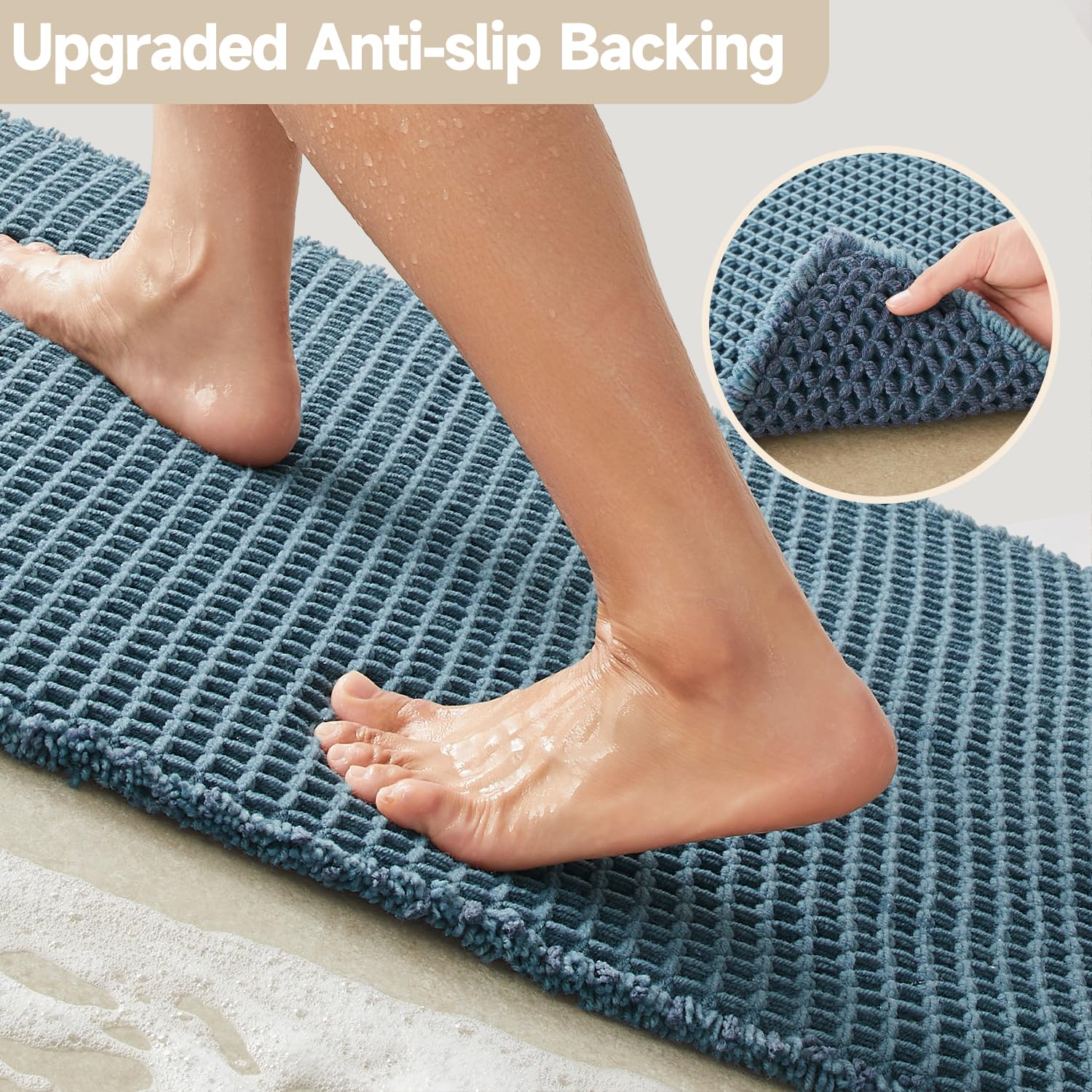 TYUU waffle bath mat denim blue quick-dry weave demonstrates fast moisture removal