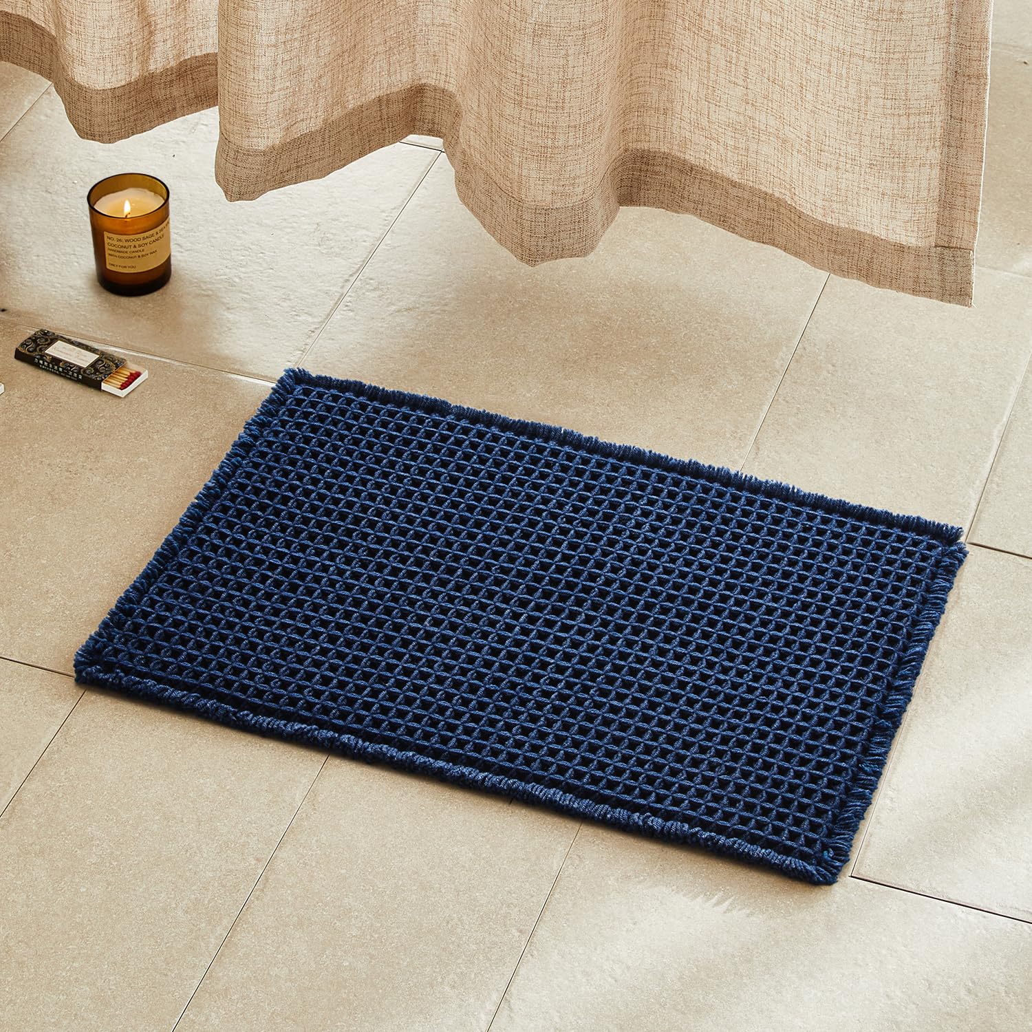TYUU waffle bath mat navy-absorbent-texture for quick-dry bathroom floors