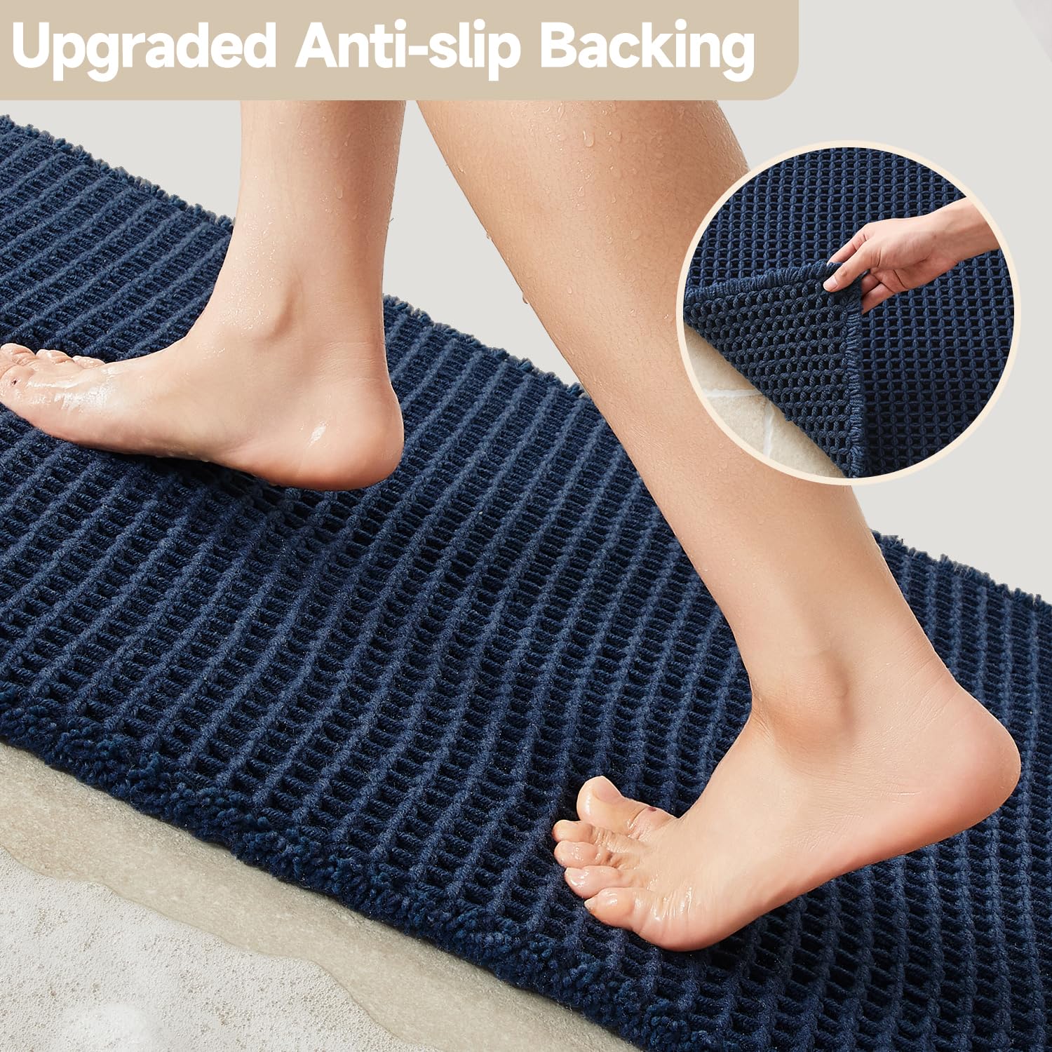 TYUU waffle bath mat navy-closeup-weave shows durable construction and texture
