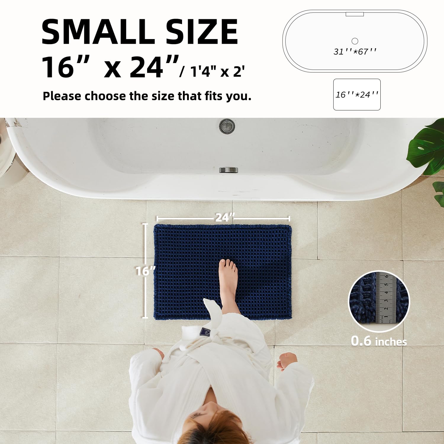 TYUU waffle bath mat navy-quick-dry-weave keeps floors dry after showers