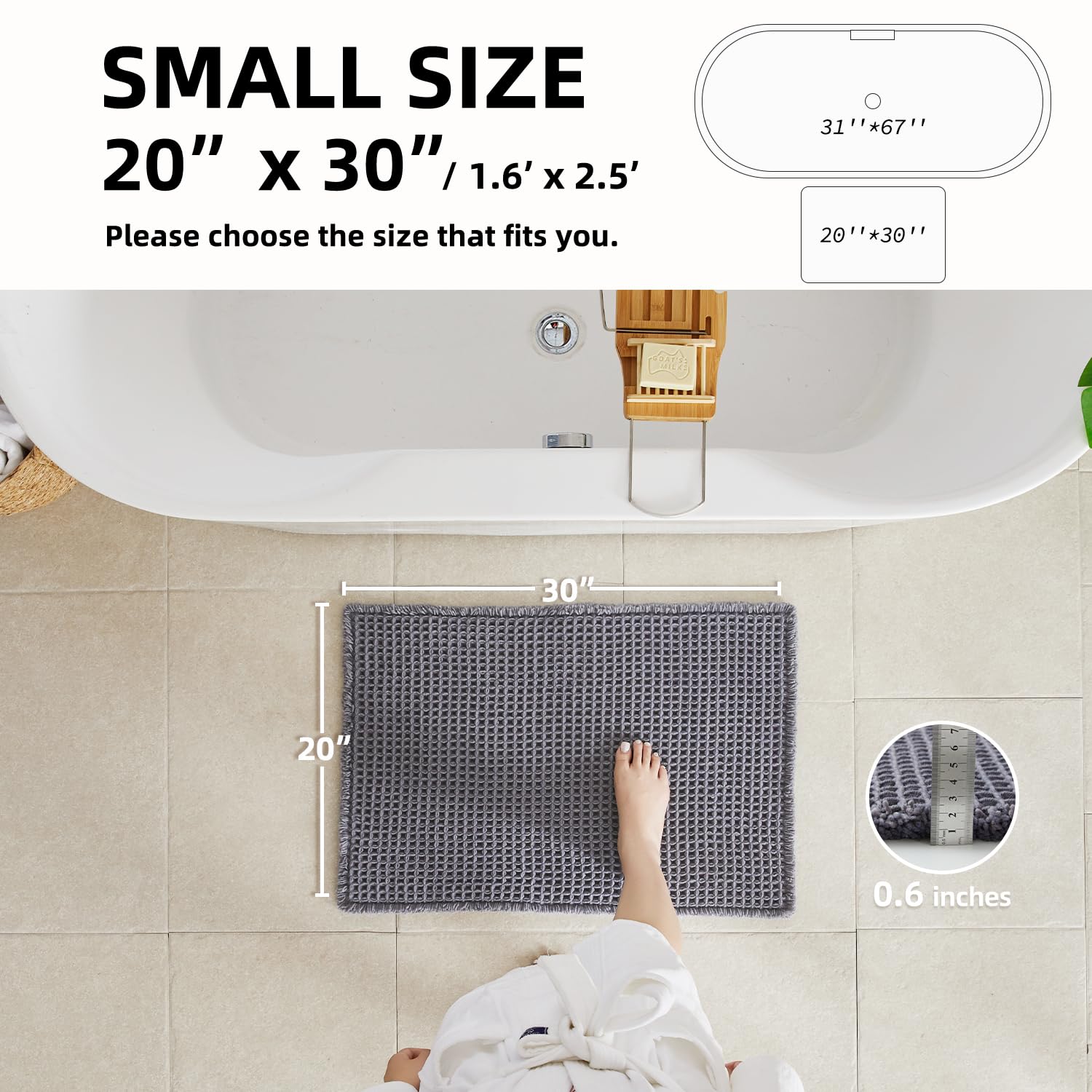 TYUU waffle bath mat non-slip backing keeps it securely in place on slick tiles