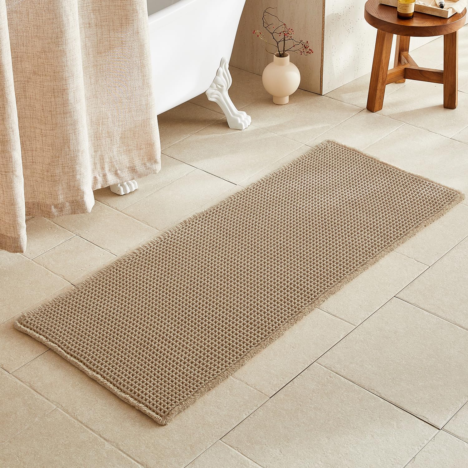 TYUU Waffle Runner Rug bathroom 60x24 khaki on tiled floor for cozy steps
