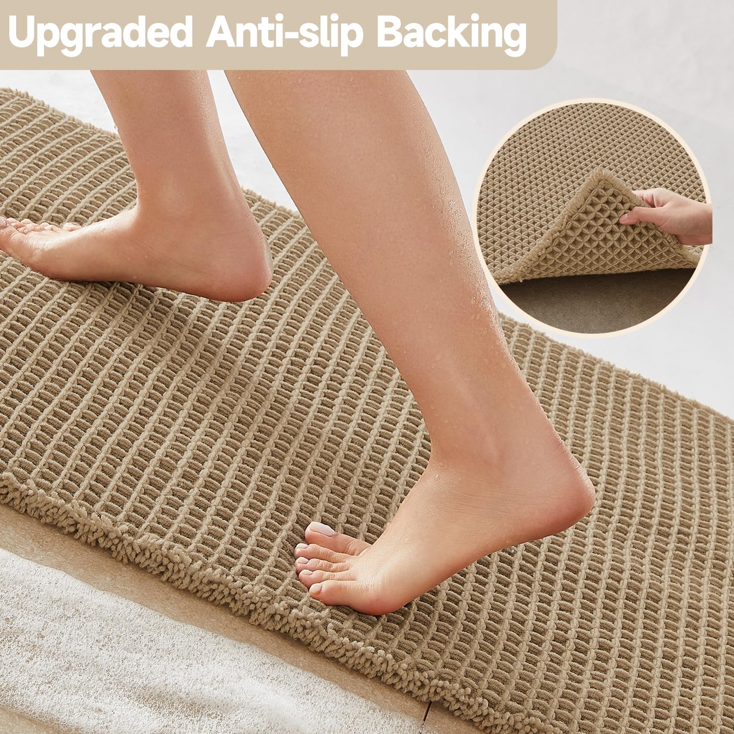 TYUU waffle runner rug demonstrates quick-dry performance after shower use