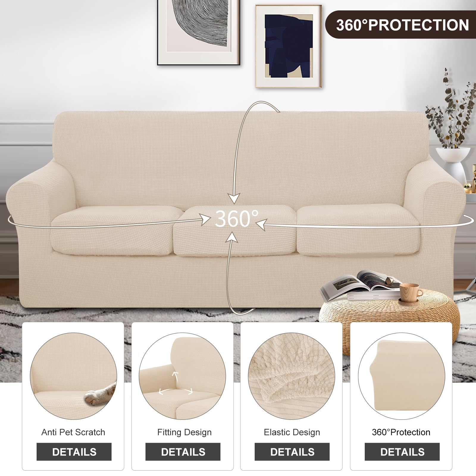 U-NICE HOME beige stretch cover, wrinkle-free finish enhances sofa surface and feel.