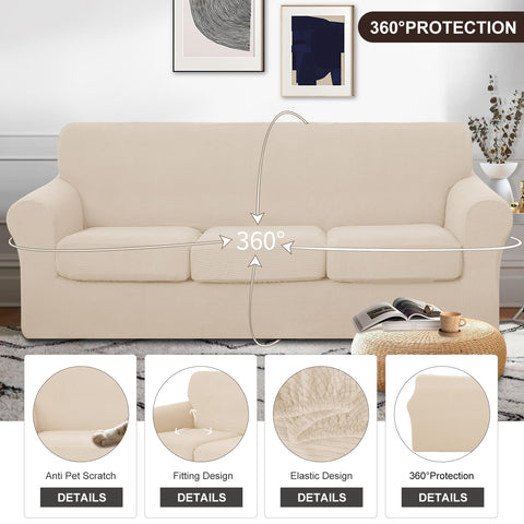 U-NICE HOME beige stretch cover, wrinkle-free finish enhances sofa surface and feel.