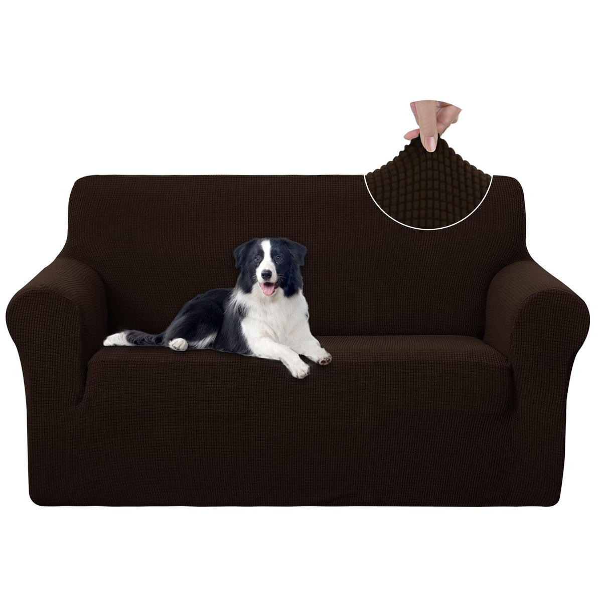 U-NICE HOME Loveseat Cover in chocolate with stretch fabric for a snug fit.