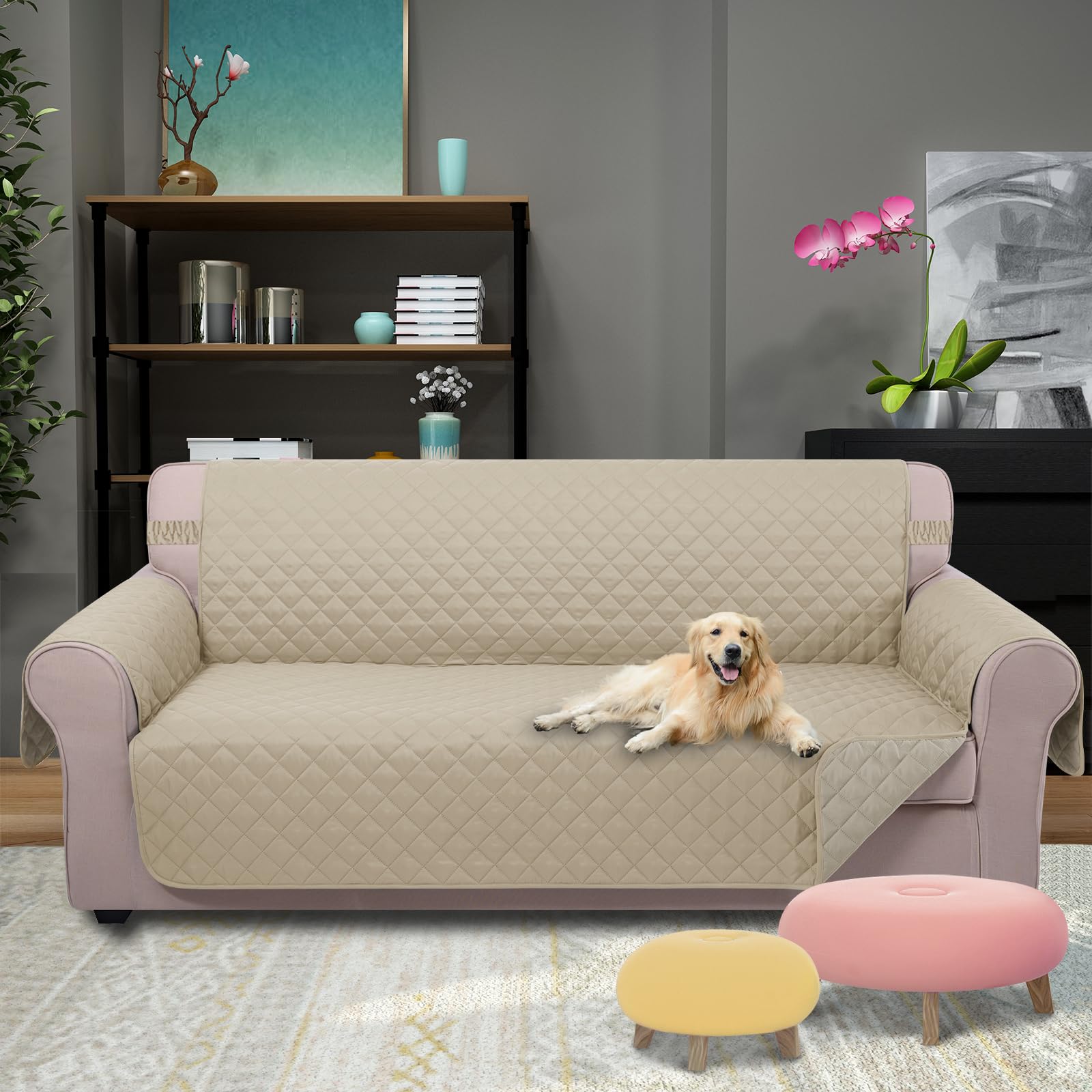 U-NICE HOME reversible sofa cover sand beige side view shields against spills and fur