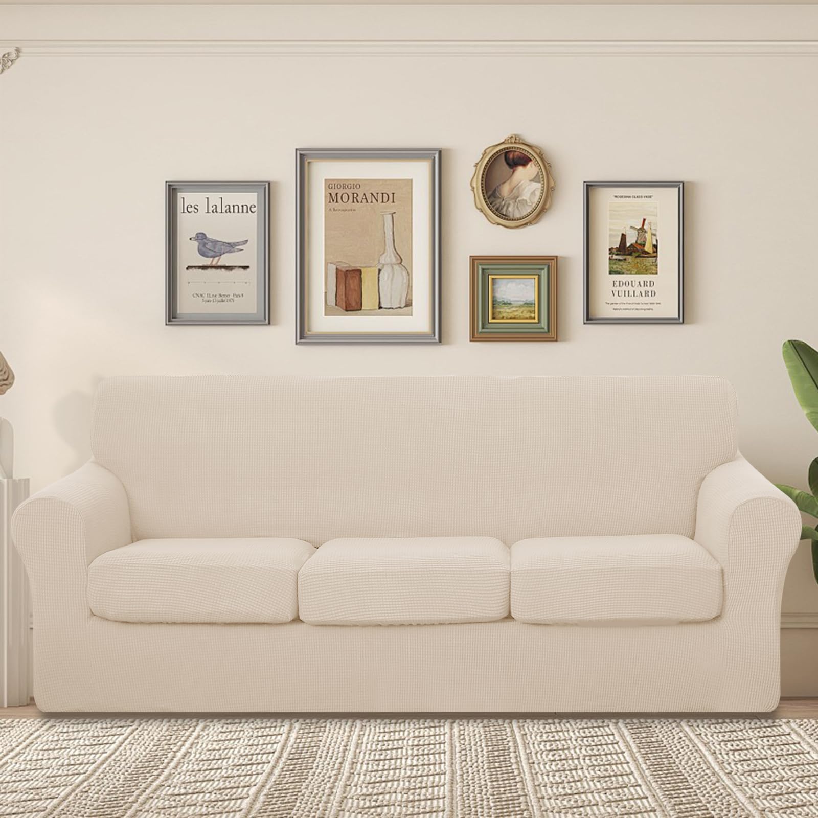 U-NICE HOME stretch couch cover beige, side view, softly wraps the sofa for a new look.