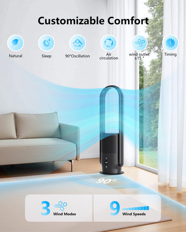 U ULTTY bladeless tower fan with a responsive touch screen control.