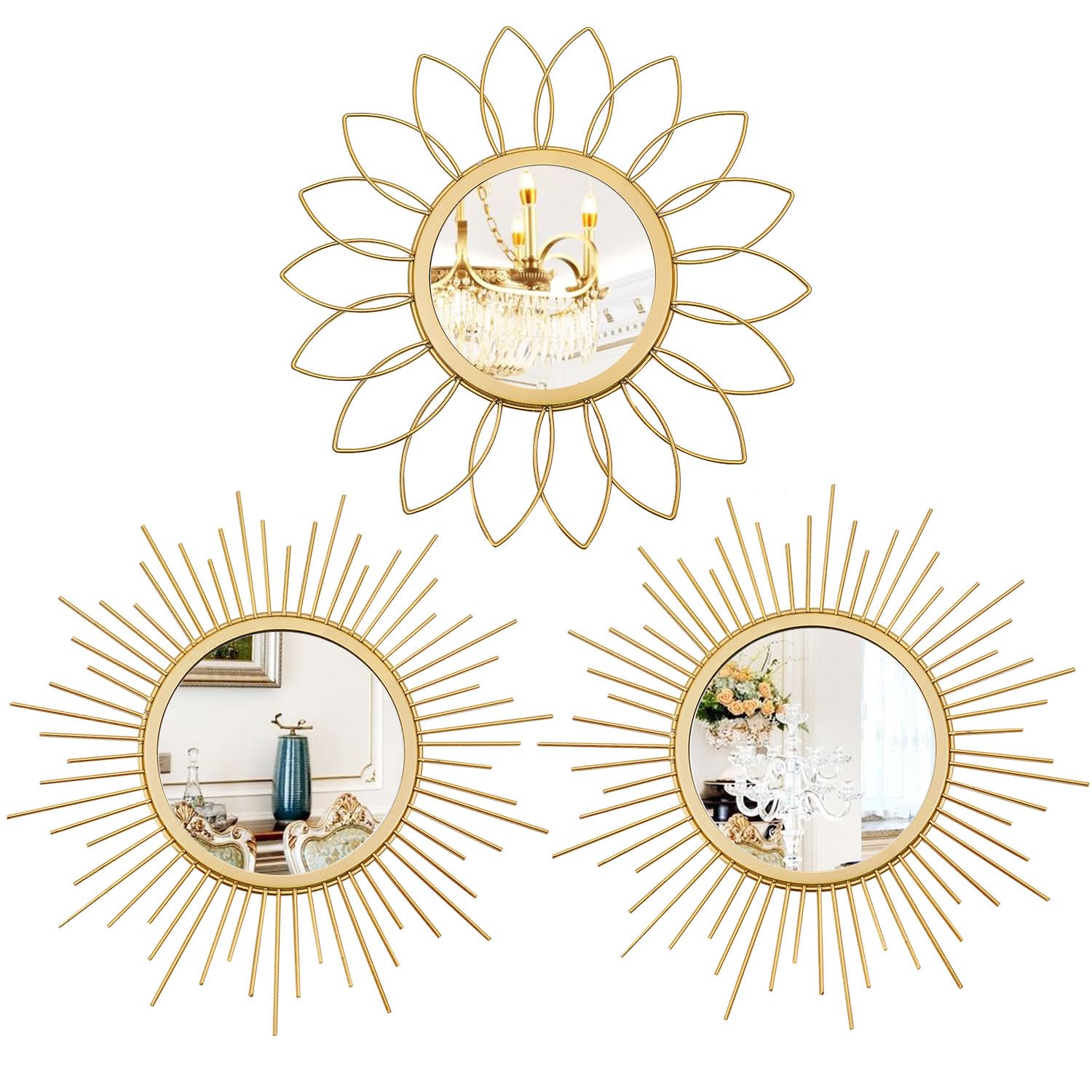 Uaussi 3-pack sunburst mirrors in gold create a dramatic focal point on walls.