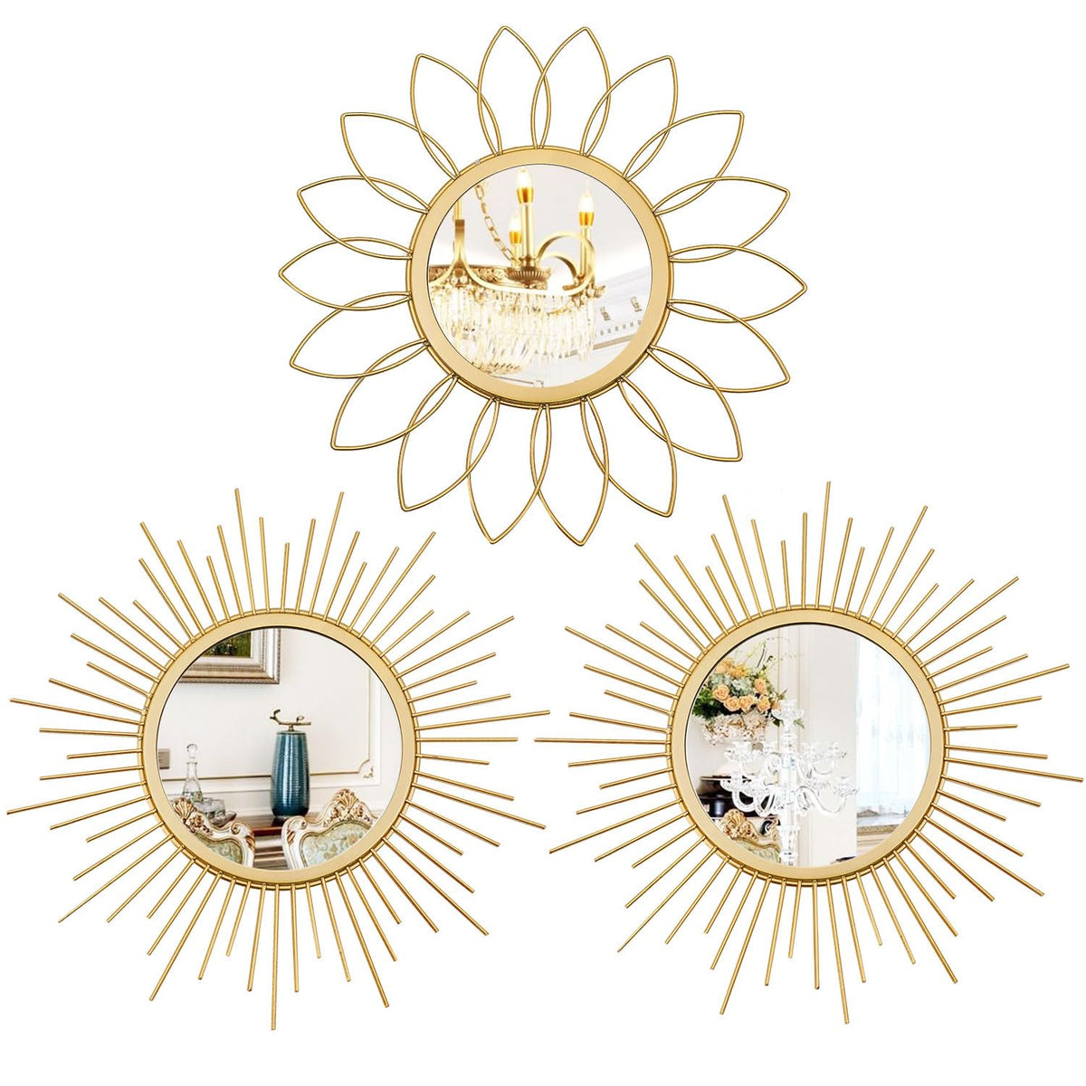 Uaussi 3-pack sunburst mirrors in gold create a dramatic focal point on walls.