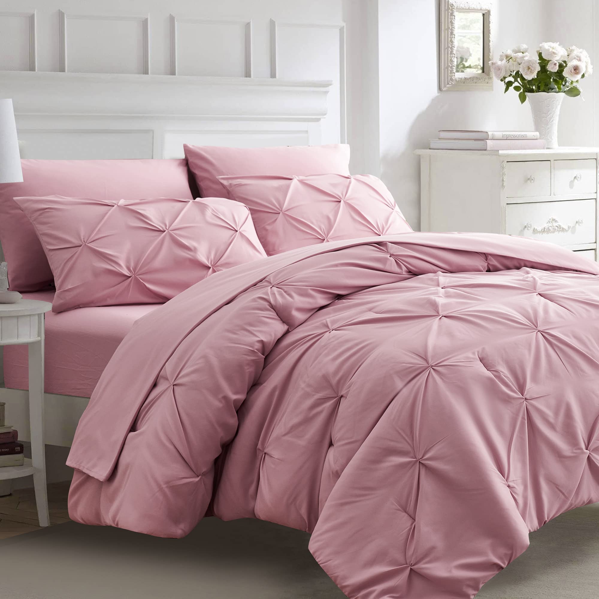 Ubauba pink queen comforter pintuck detail showcases luxurious texture
