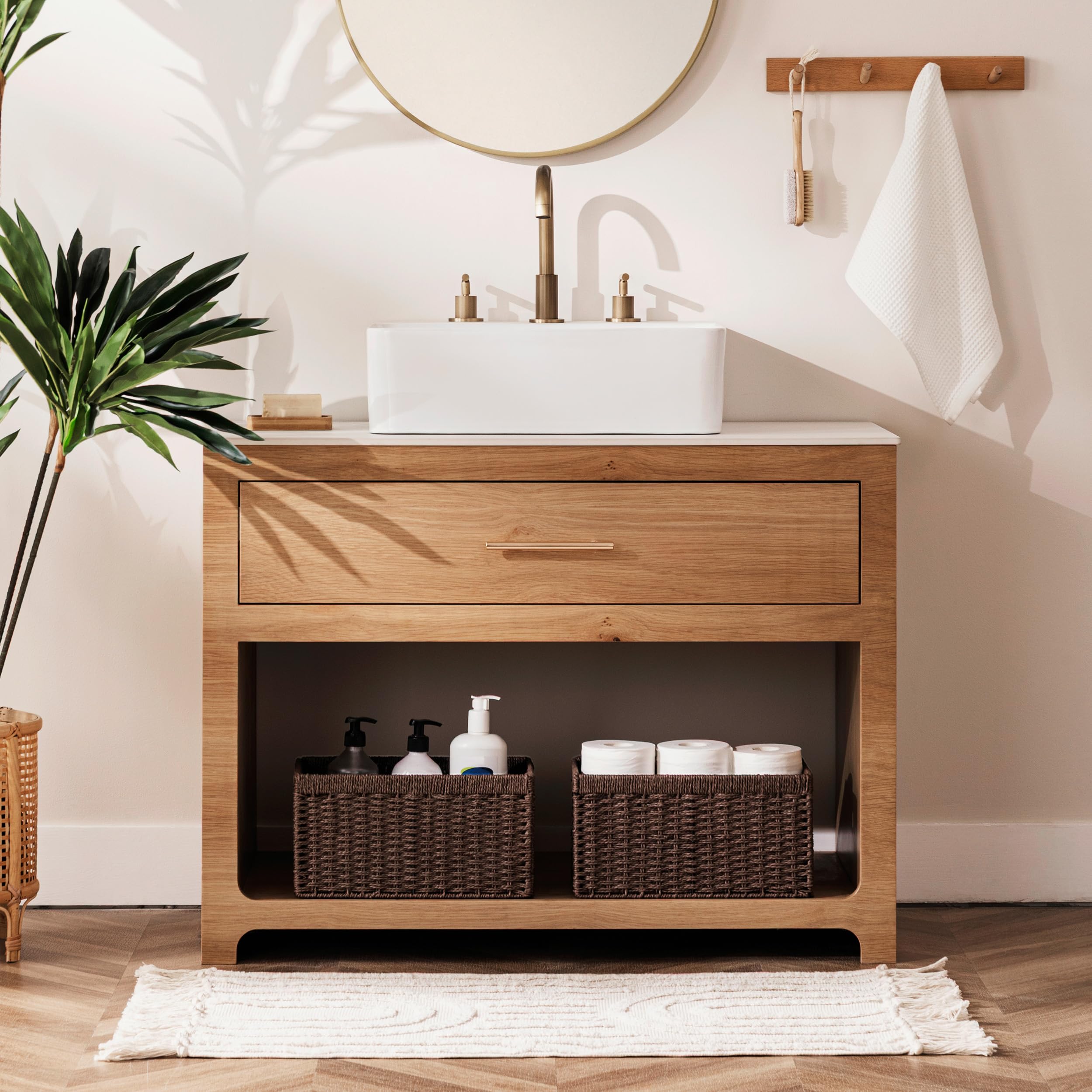 UBBCARE wicker basket on a living room shelf showing capacity