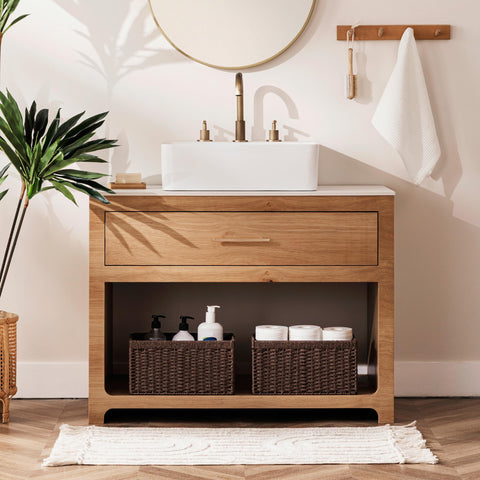 UBBCARE wicker basket on a living room shelf showing capacity