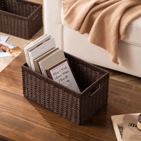 UBBCARE wicker basket filled with blankets on a living room shelf